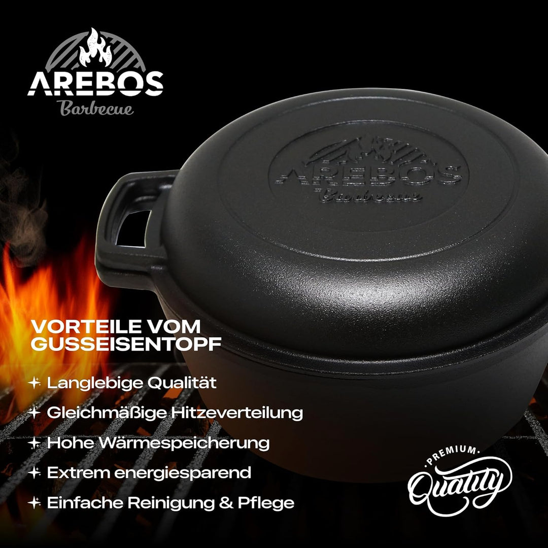 Arebos Dutch Oven Set 2in1 | Gusseisen Topf 4,8 L & Pfanne 1,8 L | Eingebrannter BBQ Feuertopf & Bra