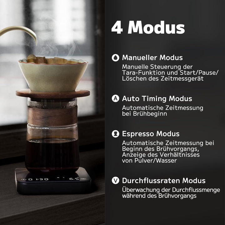 Espresso Waage mit Timer, 0.1g Genaue Kaffeewaage mit 4 Modi, Anzeige von Verhältnis und Durchflussm