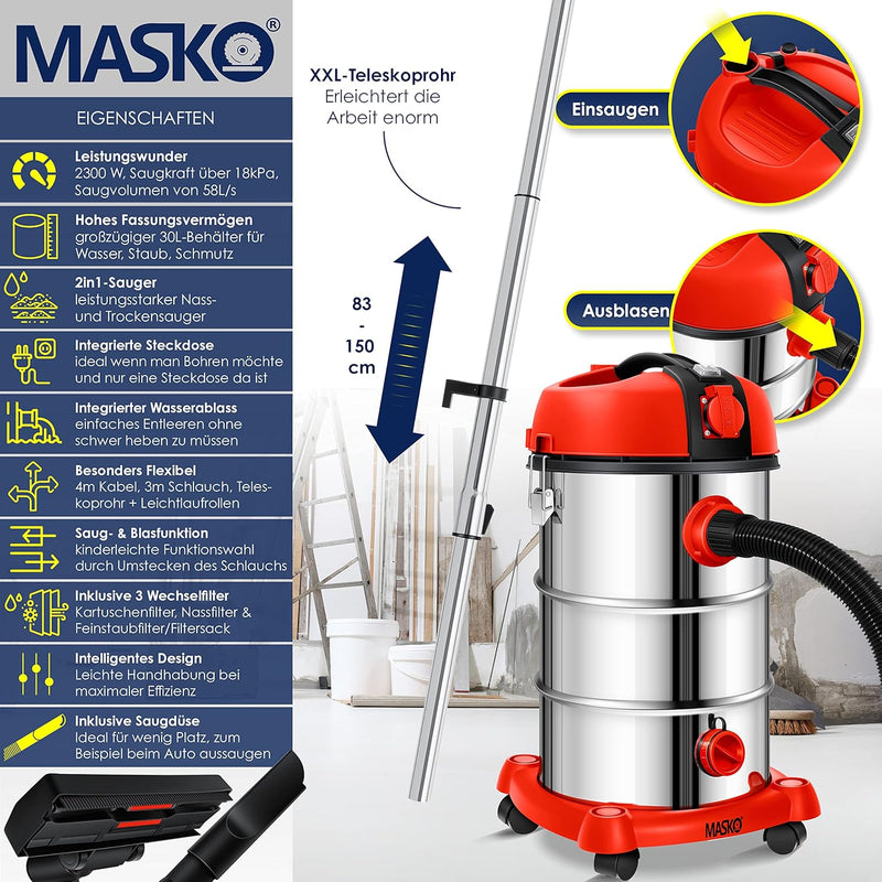 Masko® Industriestaubsauger Staubsauger Nass Trocken Sauger Edelstahl 2300W + Steckdose | Blasfunkti