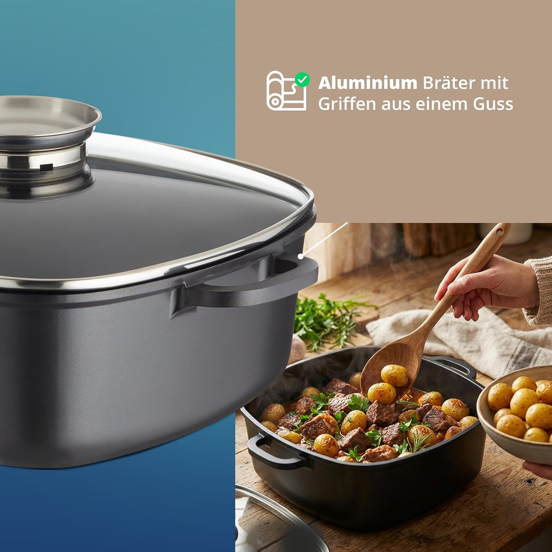 KHG Aluminium Bräter mit Glasdeckel & Aromaknopf 28x28 cm Quadratisch 7,5 L - ILAG Xeradur®5 Antihaf