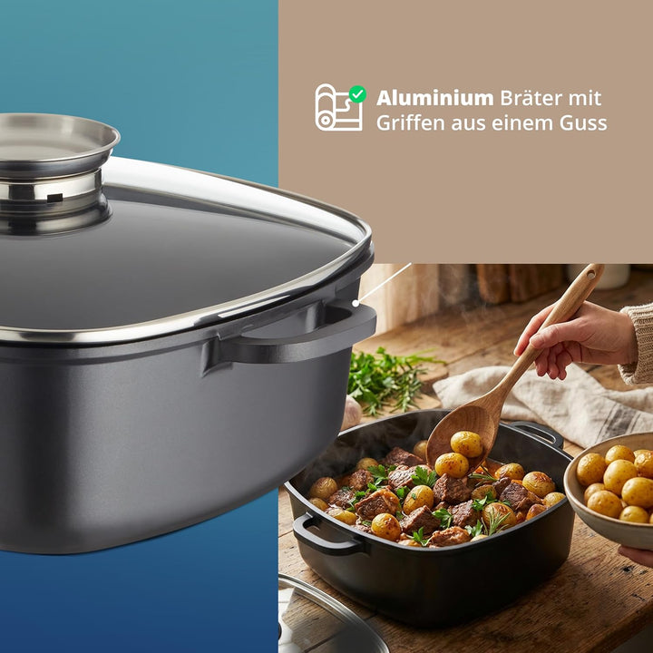 KHG Aluminium Bräter mit Glasdeckel & Aromaknopf 28x28 cm Quadratisch 7,5 L - ILAG Xeradur®5 Antihaf
