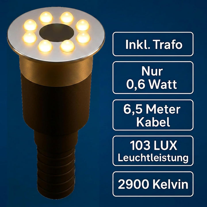 Wasserspielleuchte warmweiss, inkl. Trafo, 0,6 Watt, IP68, 12V, 103 LUX, 650 cm Kabel, 8 LED, LED Ri