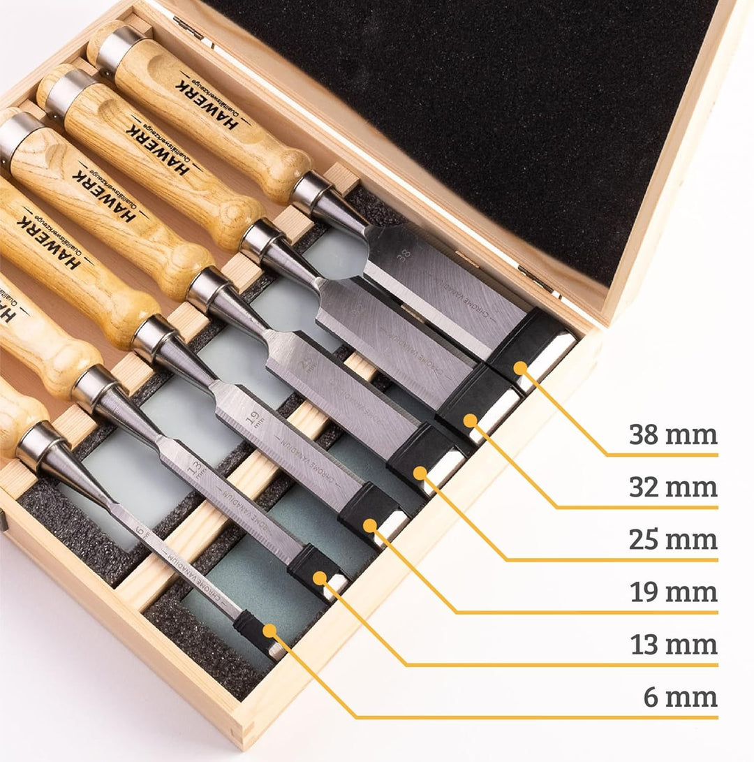 Hawerk Stemmeisen Stechbeitel Set für Holz | 6 Beitel + 2 Abziehsteine + Koffer von Hawerk - Stechei
