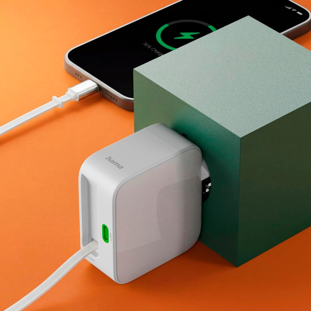 Hama GaN-Schnellladegerät, 30 W, 2X USB-C, ausziehbares USB-C-Kabel, Power Delivery, PD, USB-C-Ladeg