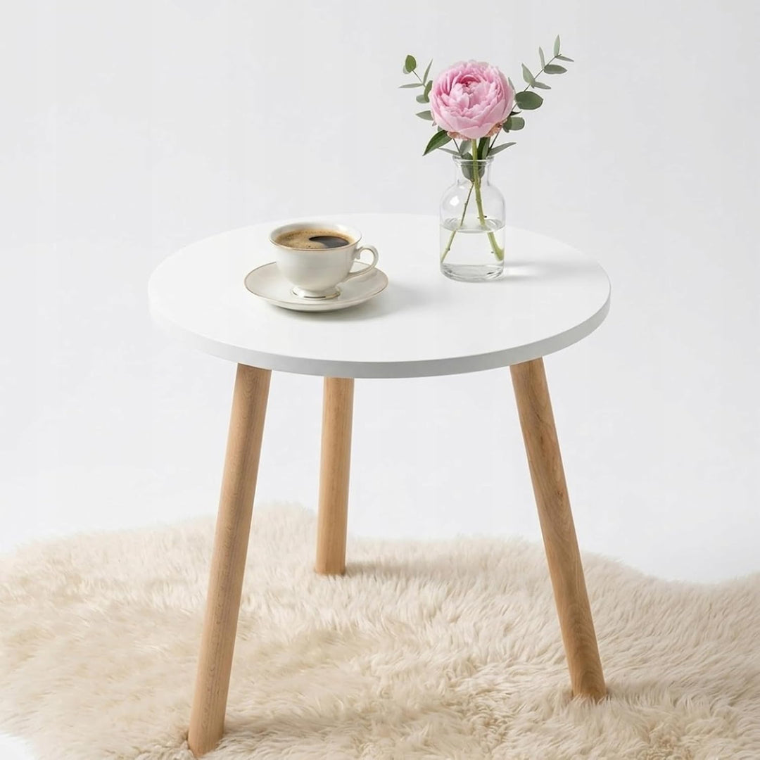 PlayPals Beistelltisch Weiss Rund 40 cm – Kleiner Couchtisch Skandinavisch, Wohnzimmertisch Holzbein