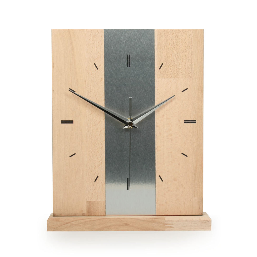 Kreative Feder Designer-STANDUHR Silver Stripe aus MASSIVHOLZ 27x20cm – analoge TISCHUHR ohne Tickge