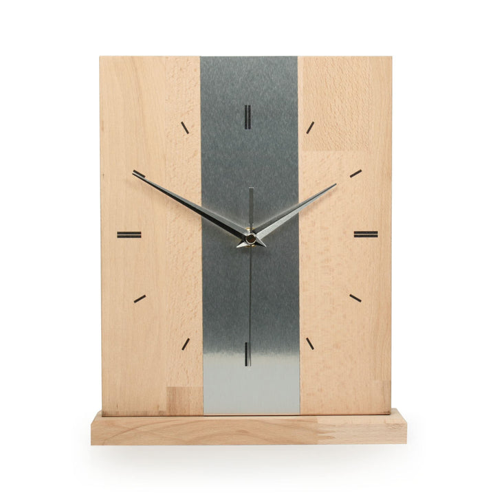 Kreative Feder Designer-STANDUHR Silver Stripe aus MASSIVHOLZ 27x20cm – analoge TISCHUHR ohne Tickge