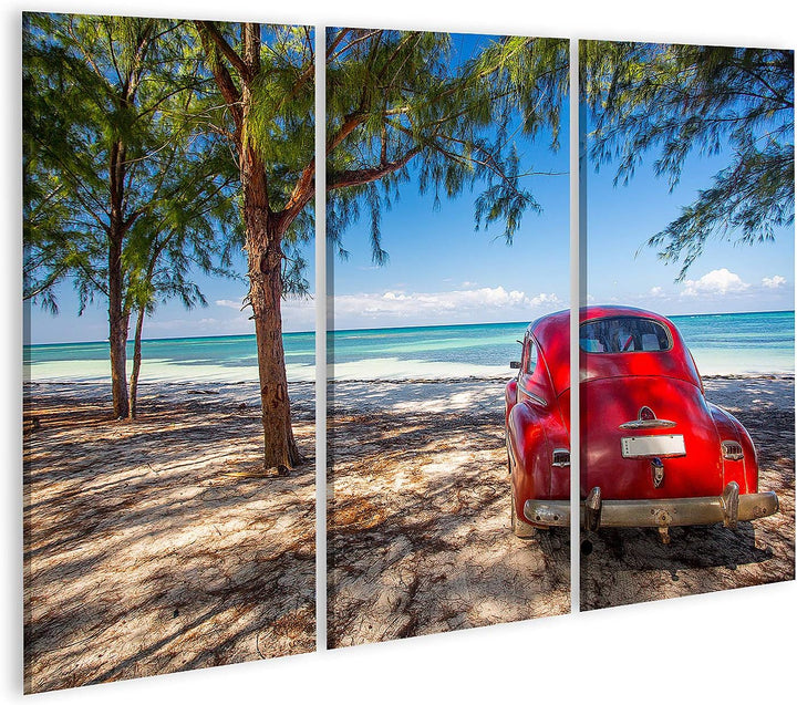 islandburner Bild auf Leinwand Oldtimer Rot Strand Kuba Bilder Wandbilder Poster Leinwand 130x80cm -