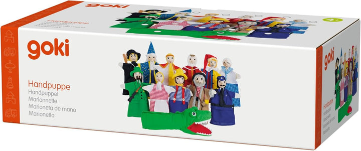 goki SO450 - Handpuppenset - liebevoll gestaltet aus Holz und Stoff - 12 Puppen