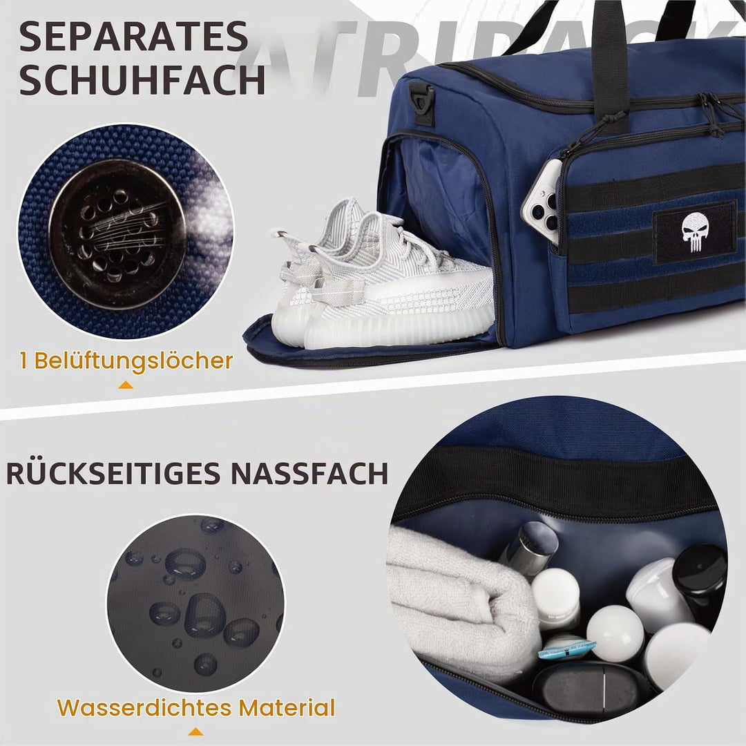 Taktische Sporttasche für Herren, 40L grosse Reisetasche mit Schuhfach, Sporttasche mit Nassfach, Mu