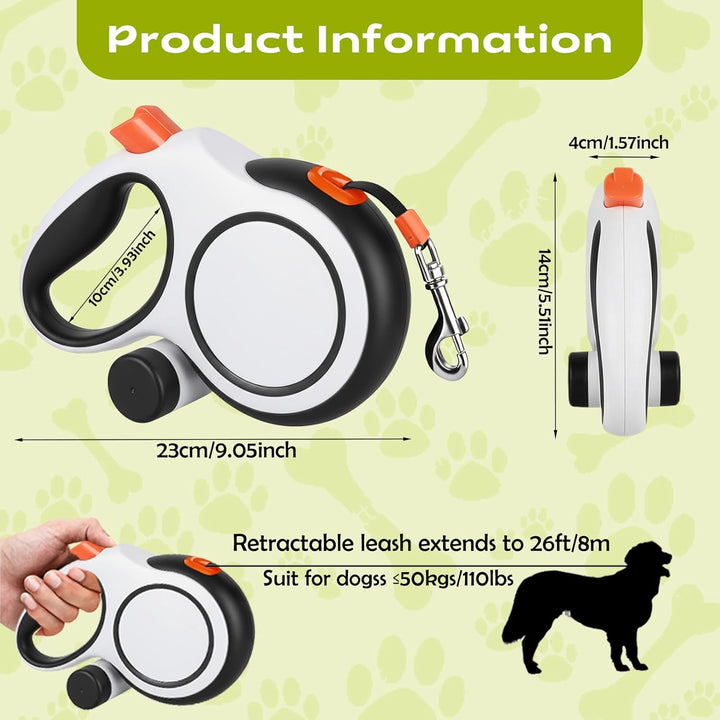 Hundeleine 8m, Robuste Rollleine für Hunde bis 50kg/110lbs, Flexileine mit Bequemen Griff & Kotbeute