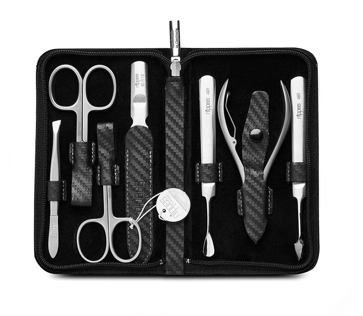 nippes Solingen Premium Line Maniküre Set Karbon, 7-teilig, Edelstahl rost- und nickelfrei, Rindsled