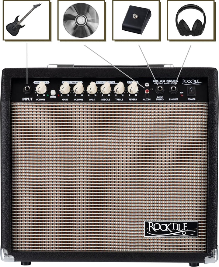 Rocktile GA-30 Mark Gitarrenverstärker (30 Watt Gitarrencombo, 2 Kanäle (Clean/Drive), 8" Speaker, m