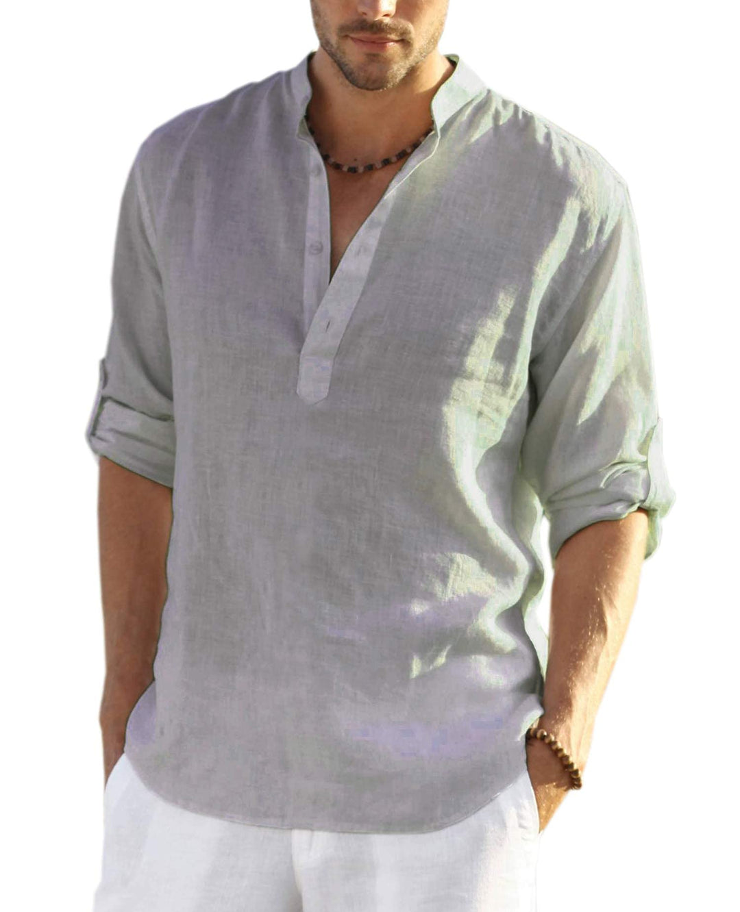COOFANDY Hemd Herren Langarm Leinenhemd Baumwolle Henley Shirt Casual Regular Fit Sommerhemd S Grau,