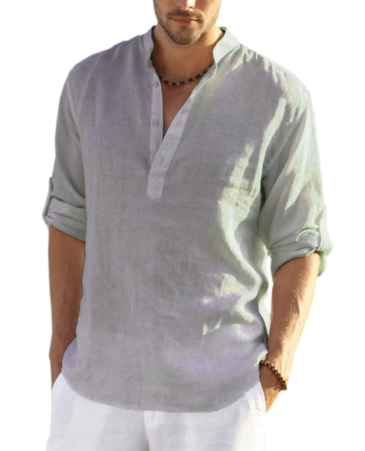 COOFANDY Hemd Herren Langarm Leinenhemd Baumwolle Henley Shirt Casual Regular Fit Sommerhemd S Grau,