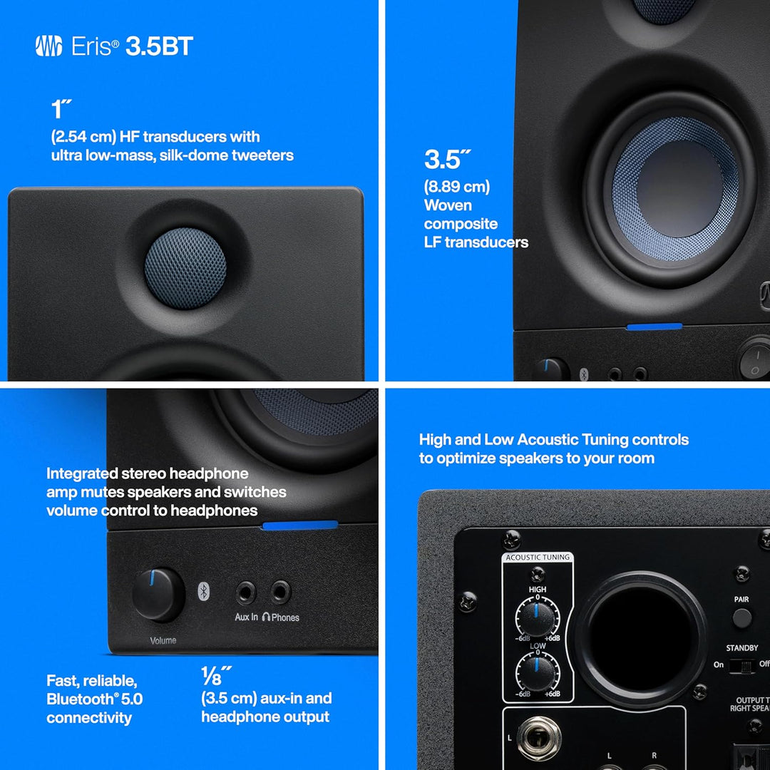 PreSonus Eris 3.5BT Gen 2 – 3,5" Desktop-Aktivlautsprecher mit Bluetooth für Multimedia, Gaming und