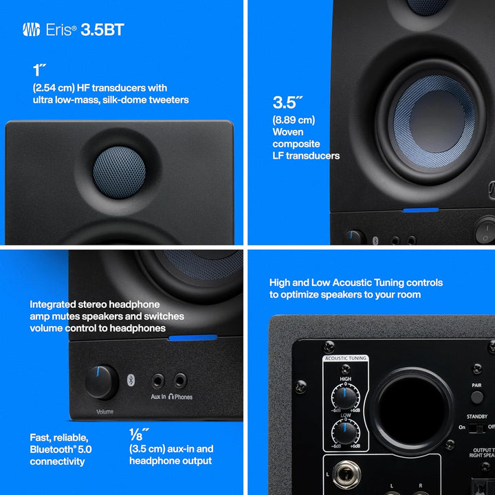 PreSonus Eris 3.5BT Gen 2 – 3,5" Desktop-Aktivlautsprecher mit Bluetooth für Multimedia, Gaming und