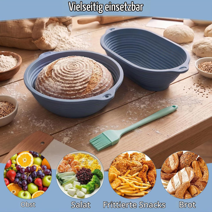 Gärkörbchen Set Faltbar Silikon, Brotbackform Oval und Rund mit Backpinsel