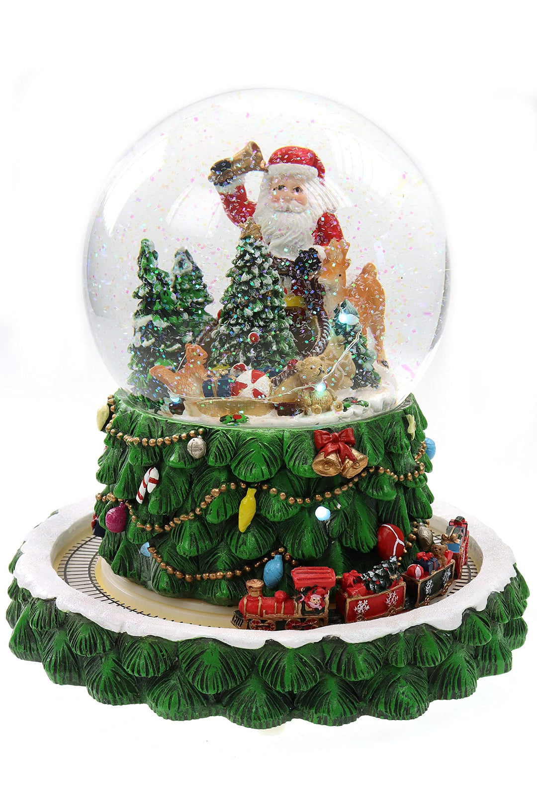 Schneekugel/Spieluhr Tannenbaum ⌀150mm, weihnachtlicher Sockel mit rotierendem Zug, Musik, Licht &amp; S