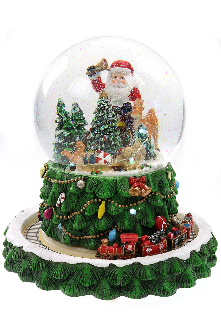 Schneekugel/Spieluhr Tannenbaum ⌀150mm, weihnachtlicher Sockel mit rotierendem Zug, Musik, Licht &amp; S