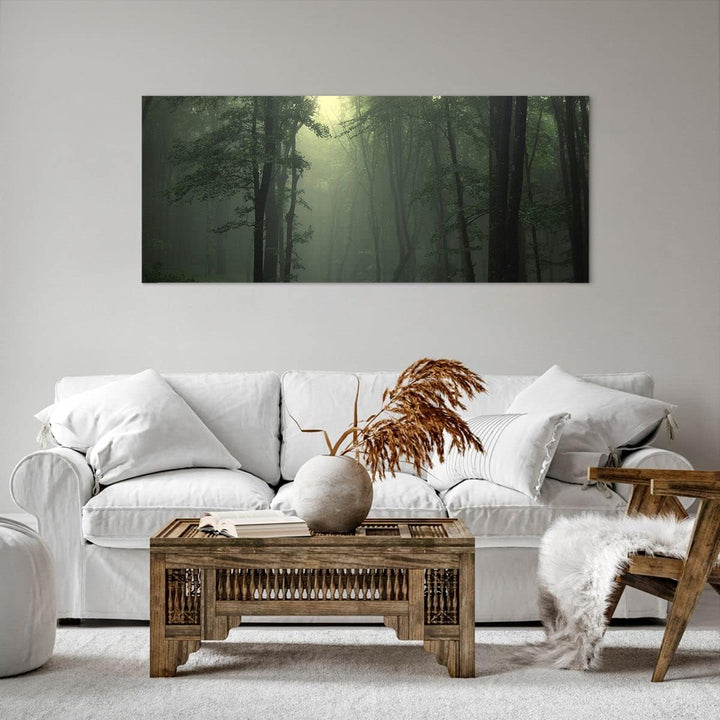 Wandbilder Dekoration Wohnzimmer Wald Nebel Baum Panorama Bilder auf Leinwand 120x50cm Leinwandbild