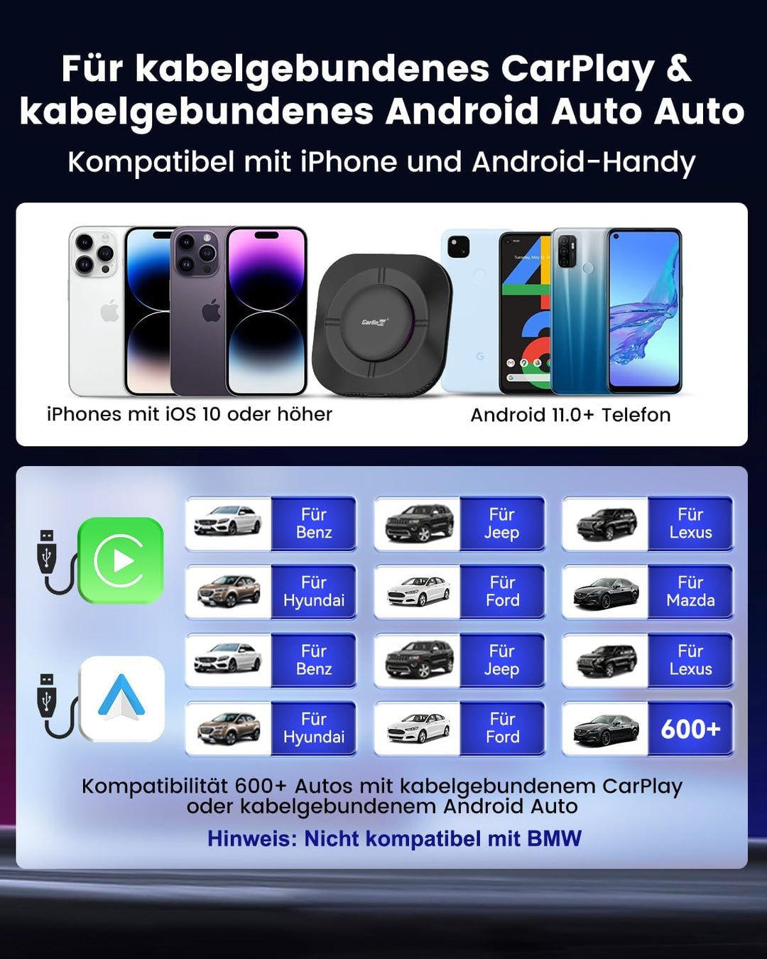 CarlinKit Aibox-Plus Android 13.0 Adapter, 8+128 GB Standalone-System, kabelloses CarPlay und Androi