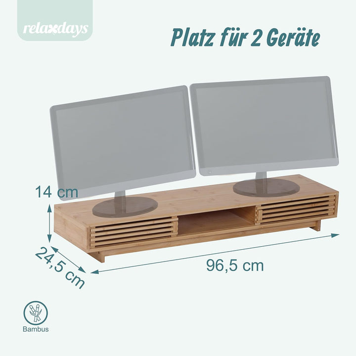 Relaxdays Monitorständer, 2 Bildschirme, mit 3 Fächern, HBT: 14 x 96,5 x 24,5 cm, Bambus, Bildschirm