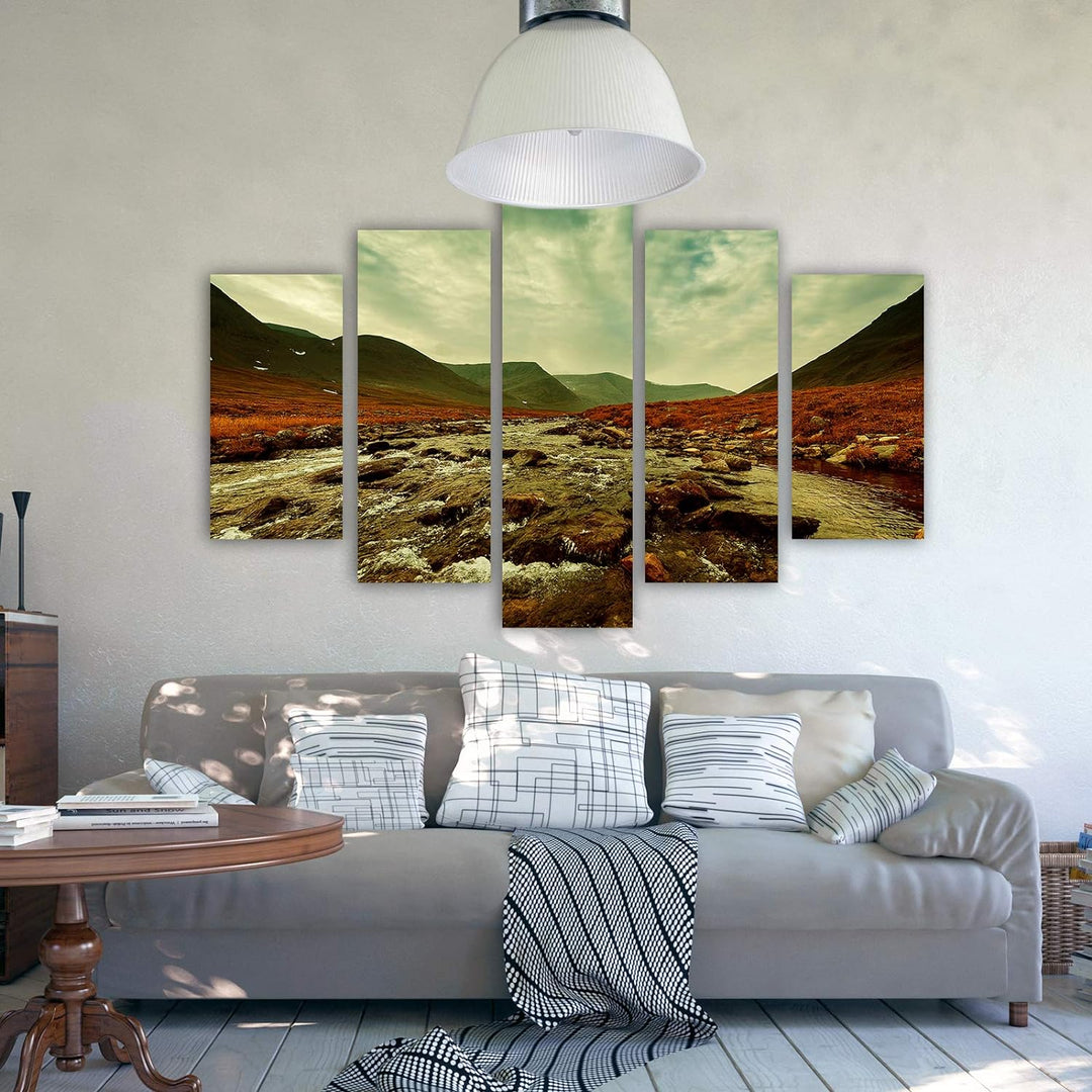 Feeby Bilder Landschaft 200x100 cm - Leinwandbild 5 Teilig XXL Kunstdruck Steine grün Leinwandbild X