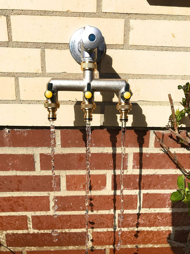 3-Wege Messing Wasserhahn Verteiler 3/4" Wasserverteiler 3er Gartenschlauch Adapter 1/2"