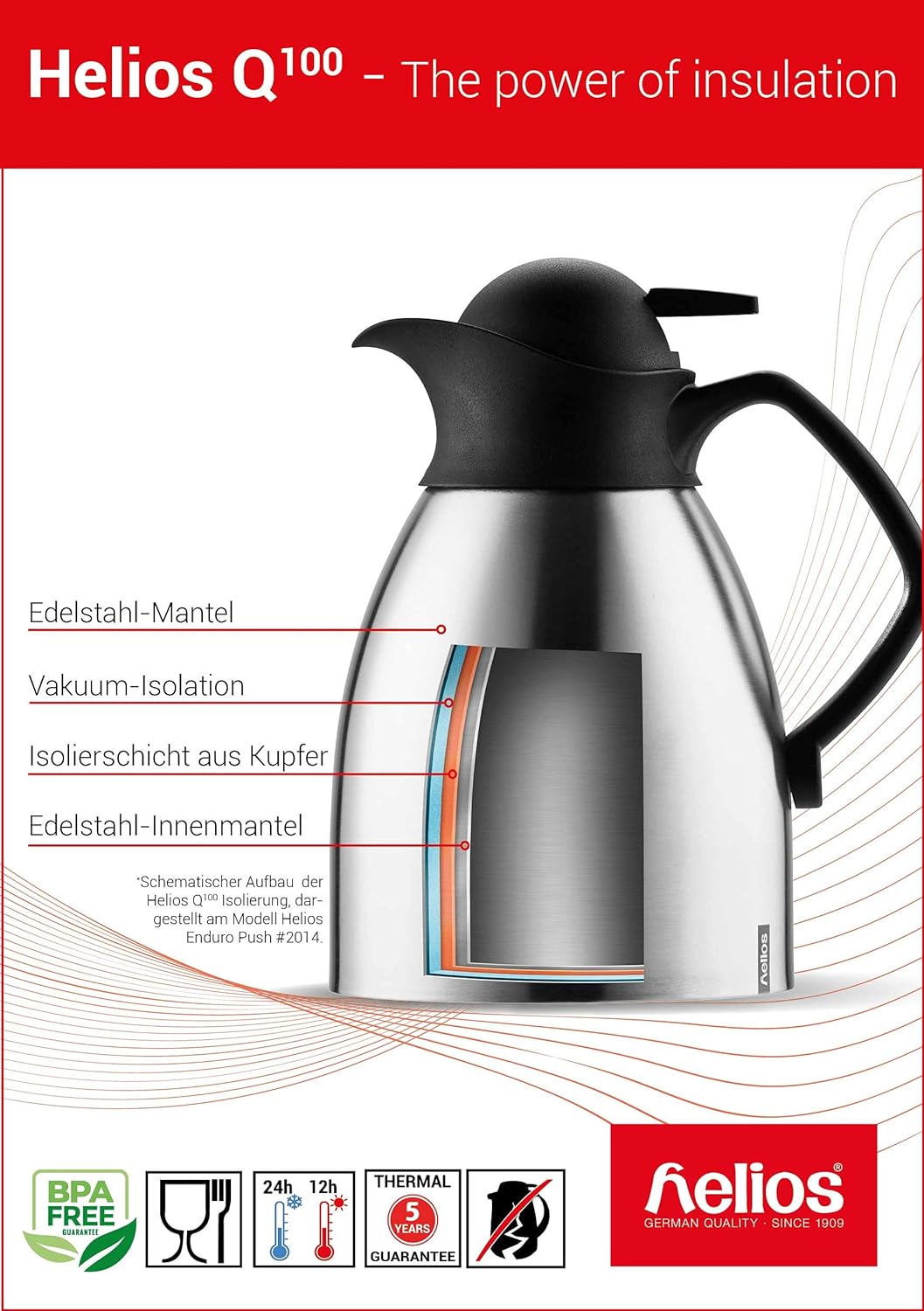 Helios Mondial Push Edelstahl-Isolierkanne, matt, 1 Stück (1er Pack)