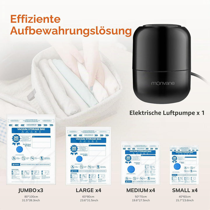 MONVANE Vakuumbeutel für Kleidung mit elektrischer Pumpe 15 Stück 15pcs(3J+4L+4M+4S)+Pumpe