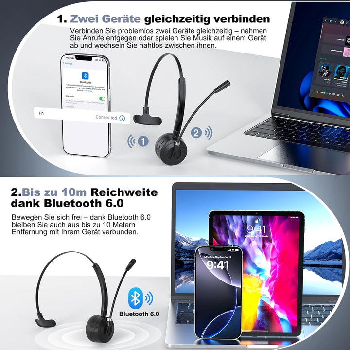 ShinePick Bluetooth Headset mit Mikrofon, BT 6.0 Technologie, Geräuschunterdrückung, Kabelloses Head