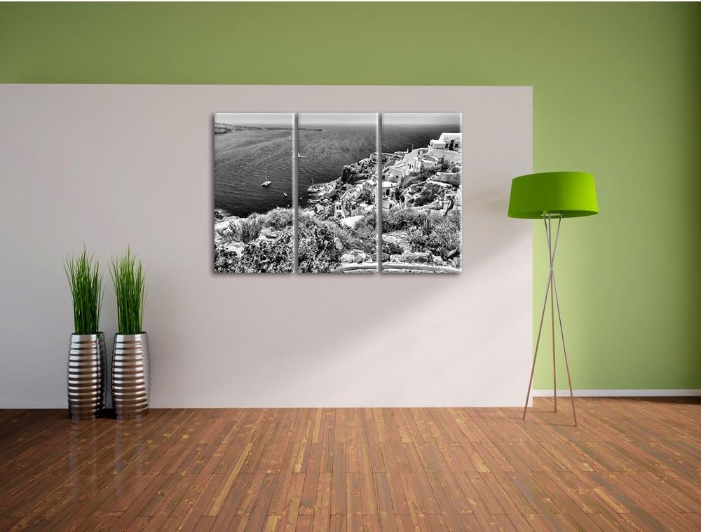 Pixxprint Monocrome, Griechische Küste 3-Teiler Leinwandbild 120x80 Bild auf Leinwand
