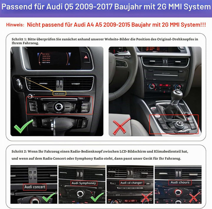Road Top 12,3 Zoll Autoradio Drahtlos CarPlay Touchscreen für Audi Q5 2009-2017 Jahr mit 2GMMI, Auto