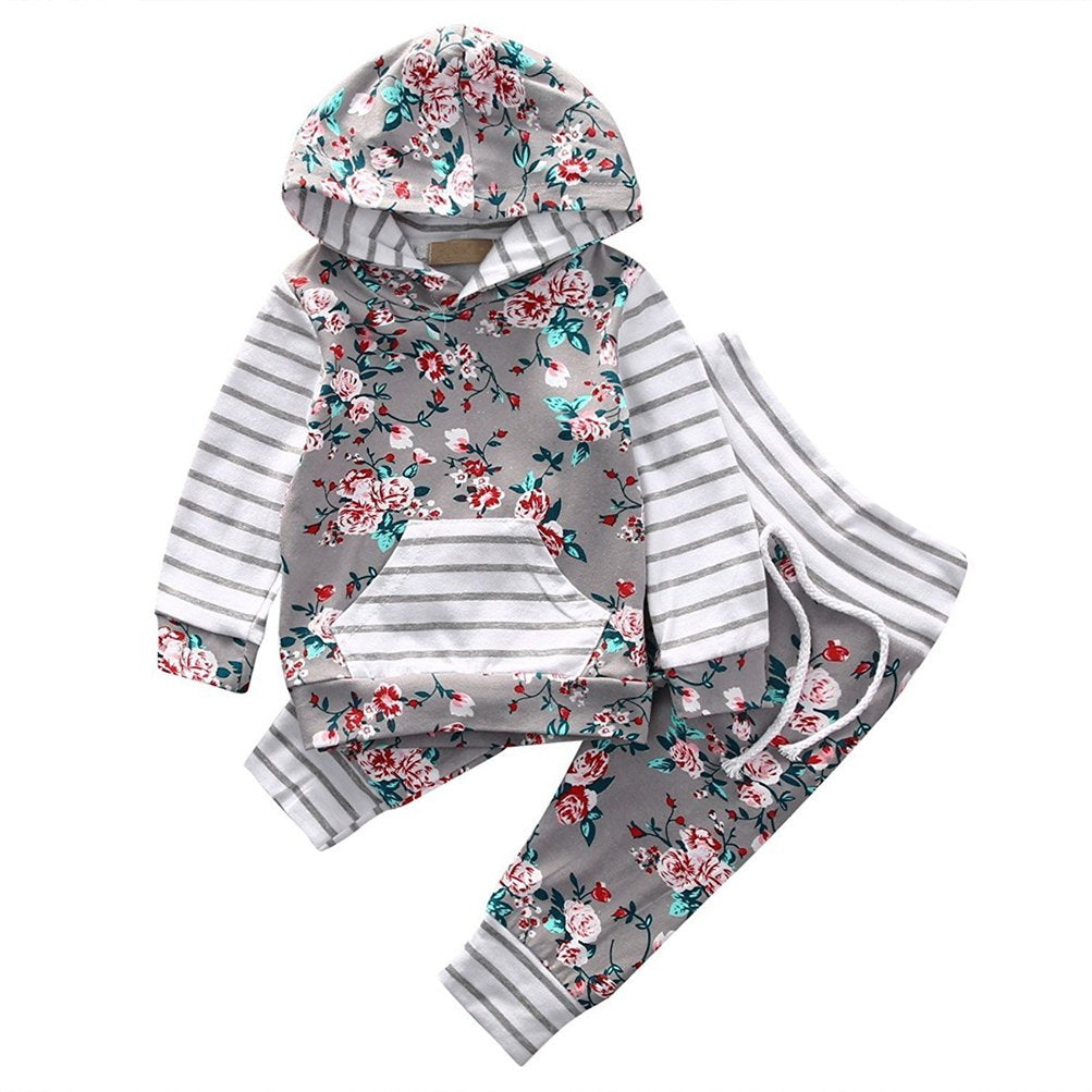 EDOTON Baby Mädchen Outfit 2 Stücke Set Gestreifte Blumen Hoodies mit Tasche Top + Lange Hosen Sweat