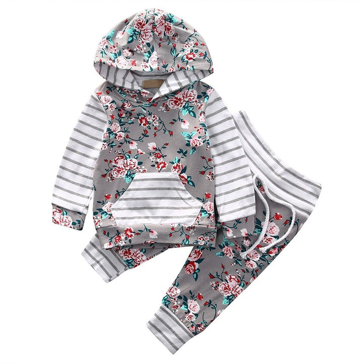 EDOTON Baby Mädchen Outfit 2 Stücke Set Gestreifte Blumen Hoodies mit Tasche Top + Lange Hosen Sweat