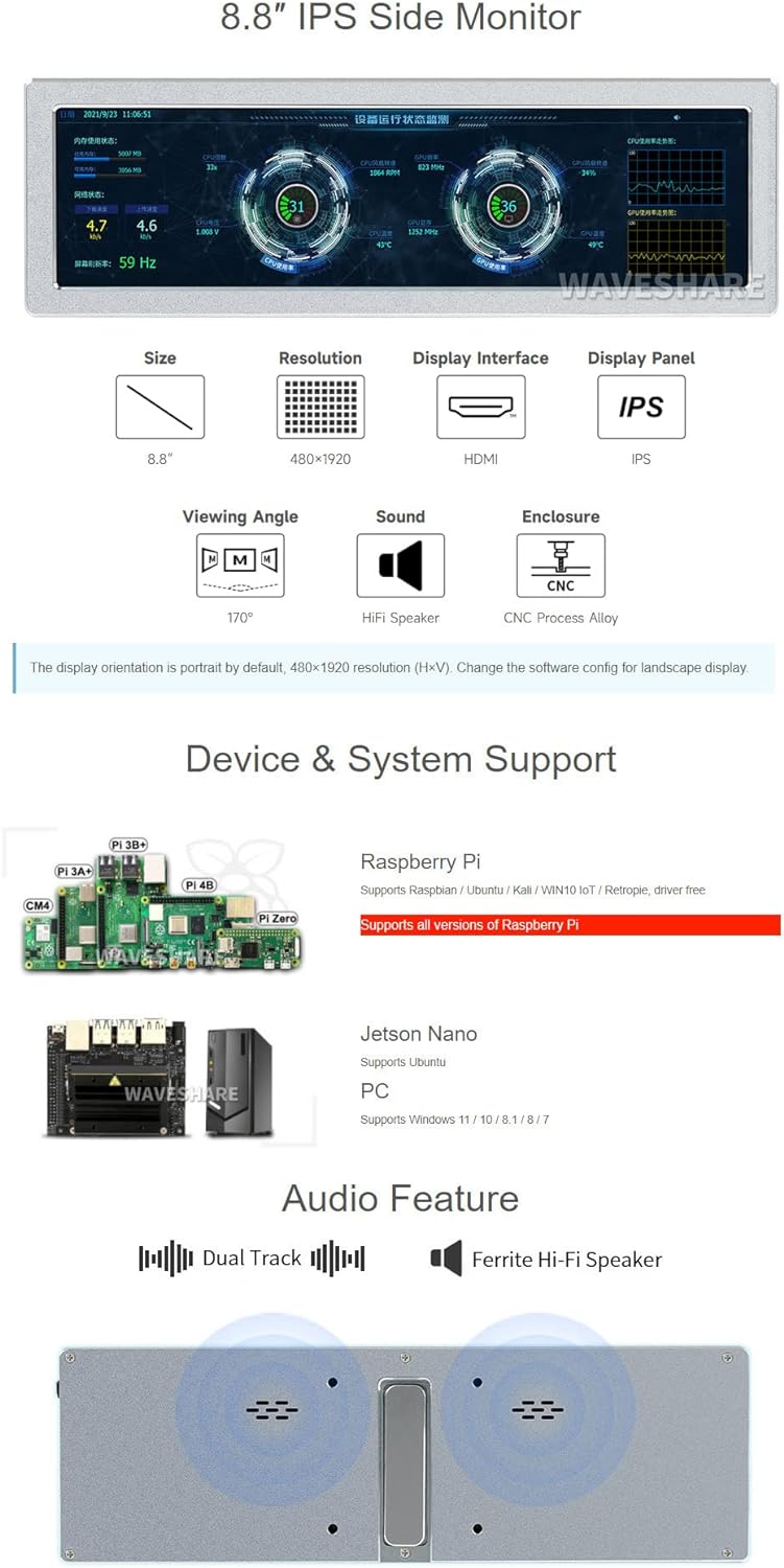 Waveshare 8.8inch IPS Side Control Panel, 480×1920 Resolution HDMI Display Monitor, HiFi Speaker, No