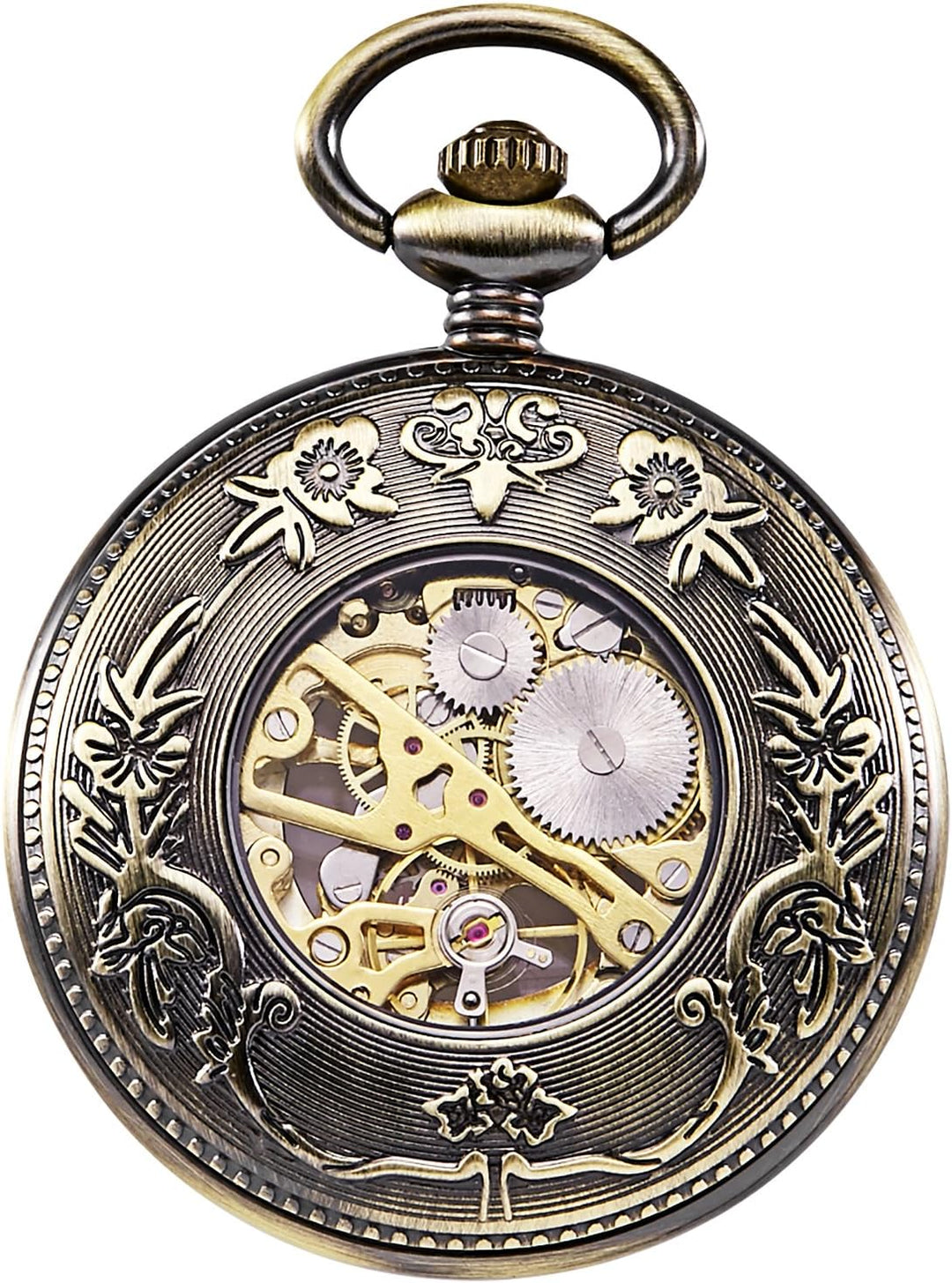 TREEWETO Unisex Holz Taschenuhr mit Kette Analog Handaufzug Skelett Römische Ziffern (Holz066)