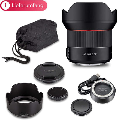 SAMYANG AF 14 mm F2.8 DSLR Autofokus Canon EF 8008 + Lens-Station Weitwinkel Objektiv mit 14 mm Fest