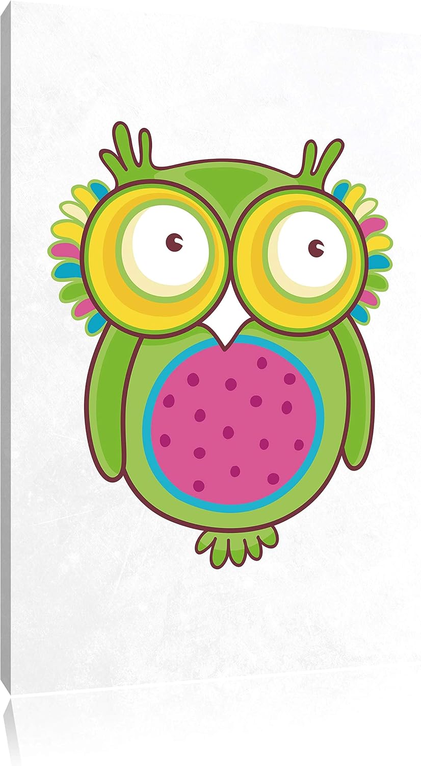 Pixxprint Lustige grüne Eule sitzend weiss, Format: 70x100 auf hochkantiges Leinwandbild, XXL riesig