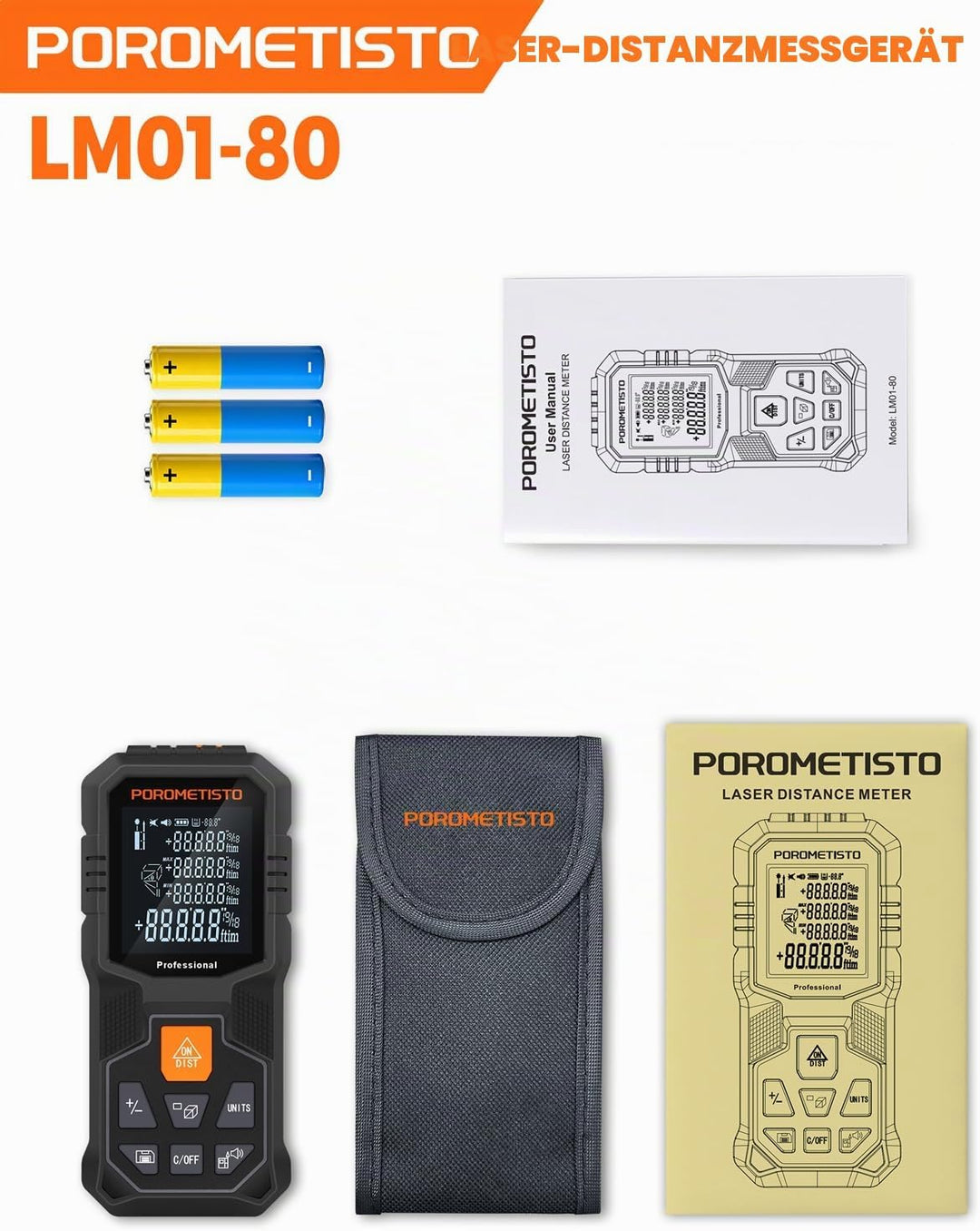 LM01-50 Laser Entfernungsmesser – 50 m Messbereich, 12 Modi: Fläche/Volumen/Pythagoras, Neigungssens