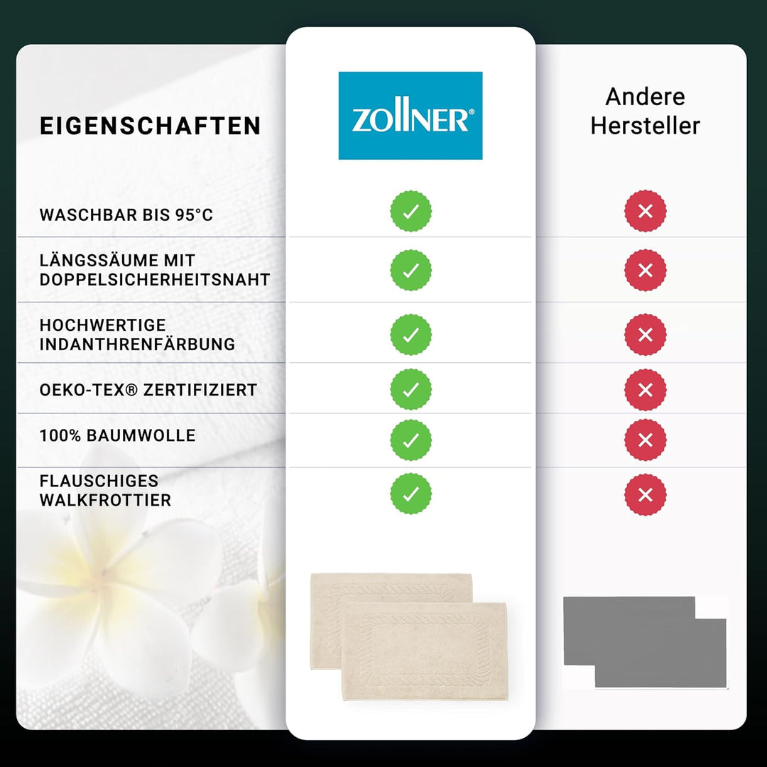 ZOLLNER 2er Set Badematten - weiche und saugstarke Duschvorleger - waschbar bis 95°C - Baumwolle - 5
