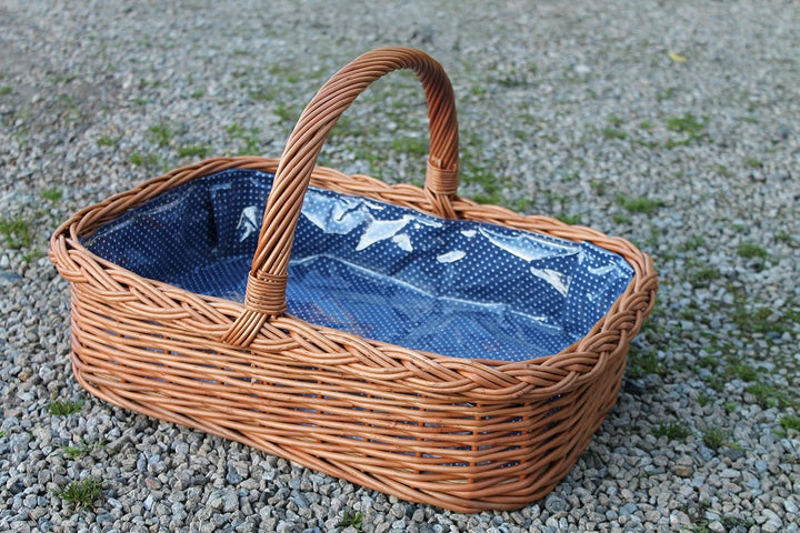 Tablett aus Weide mit Futter Blau mit weissen Punkten