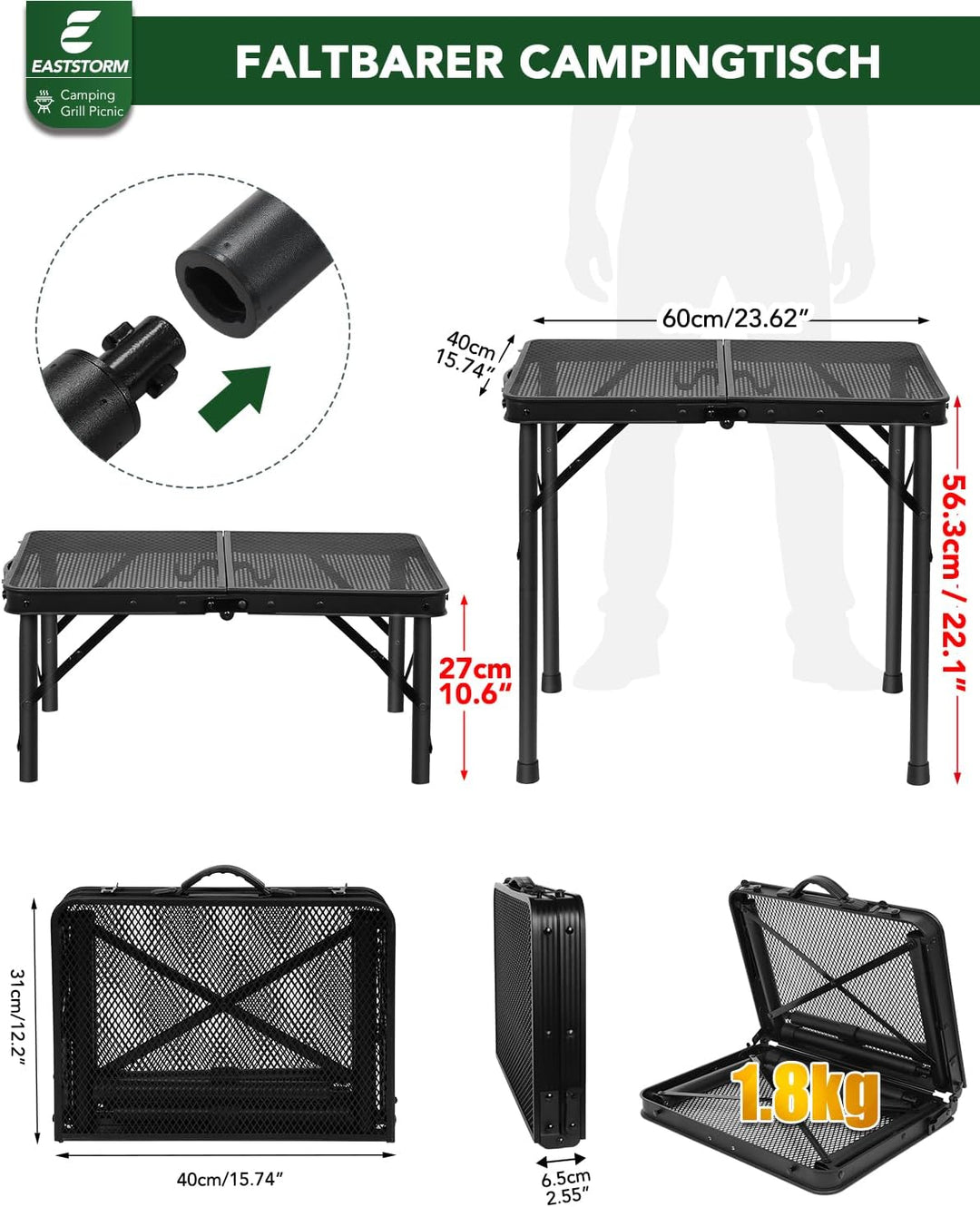 E EASTSTORM Campingtisch Klappbar 60×40cm，Gartentisch，Grilltisch mit Metallgitterplatte，Leicht und T