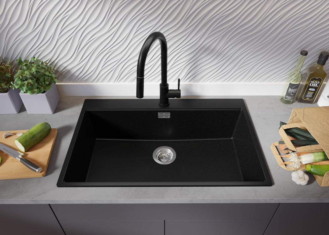 Granitspüle Schwarz 78x50 cm, Spülbecken + Ablauf-Set + Küchenarmatur 9050, Küchenspüle für 80er Unt
