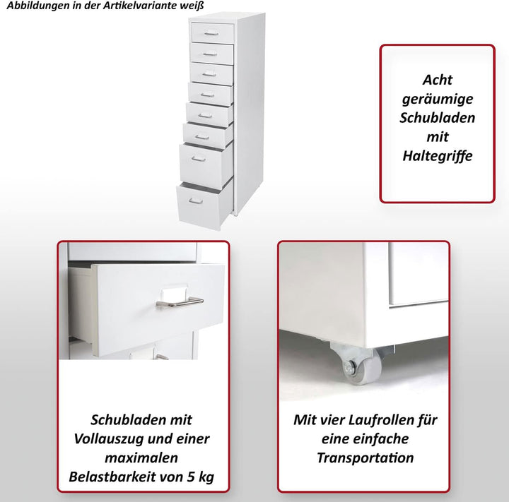 Mendler Rollcontainer Boston T851, Schubladenschrank Stahlschrank, 110x28x41cm 8 Schubladen - dunkel