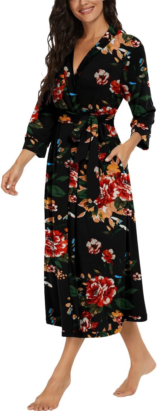 PrinStory Damen Bademantel Leichter 3/4 Ärmeln Morgenmantel V-Ausschnitt Kimono Roben Langes Nachtwä