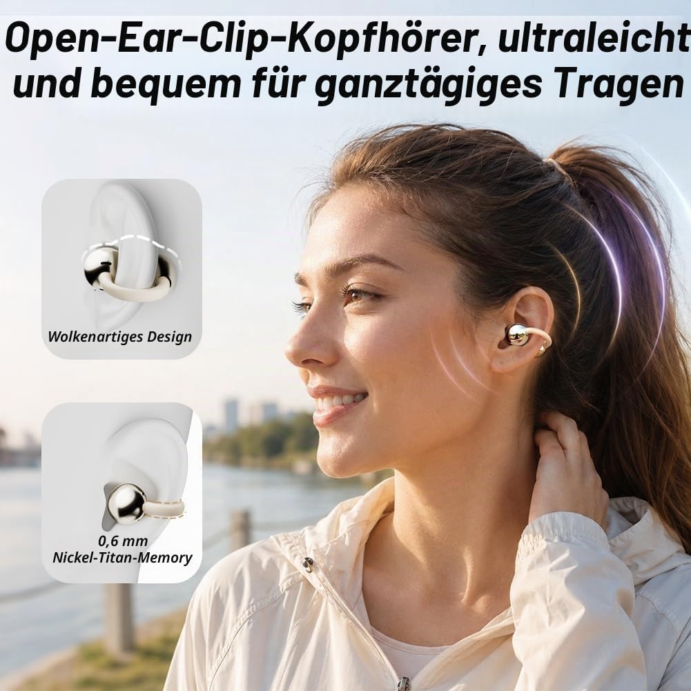 Bluetooth-Ohrhörer zum Aufclipsen mit Ladecase und kleinem Kosmetikspiegel, Bluetooth 6.0, Knochenle