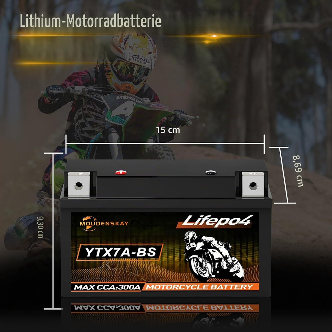 MOUDENSKAY Lithium Motorrad Batterie 12V Lithium Powersports Batterie mit BMS (YTX7A-BS 12.8V 3Ah 30