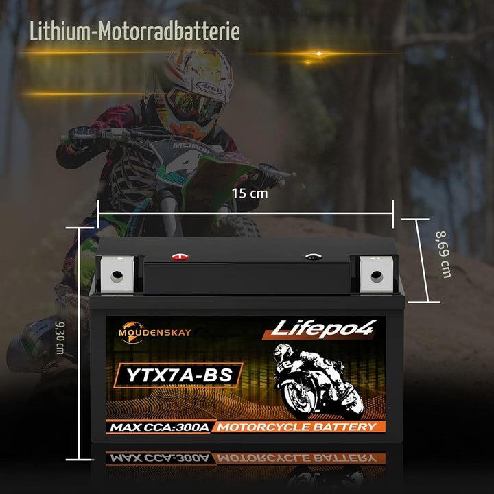 MOUDENSKAY Lithium Motorrad Batterie 12V Lithium Powersports Batterie mit BMS (YTX7A-BS 12.8V 3Ah 30